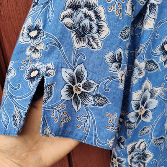 J. JILL | Love Linen Blue Floral 3/4 Sleeve Split Neck Tunic Blouse Coastal LT - Picture 8 of 14